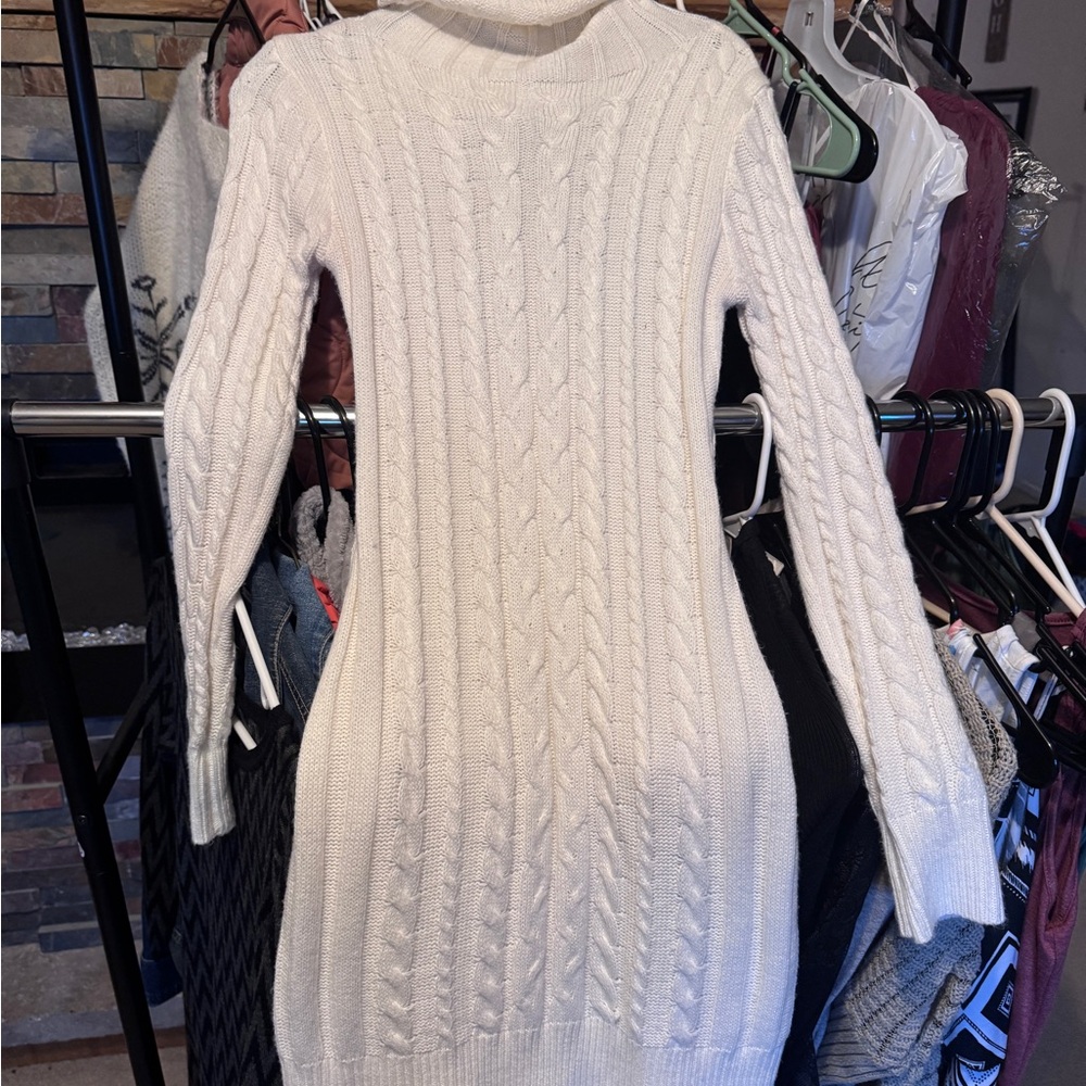 SHEIN Cream Cable Knit Turtleneck Sweater Dress